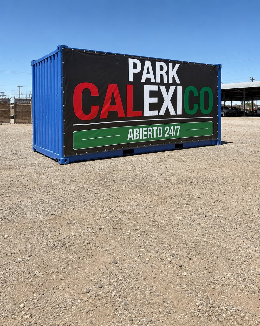 Park Calexico lot entrance with its banners and the Calexico port of entry in the background